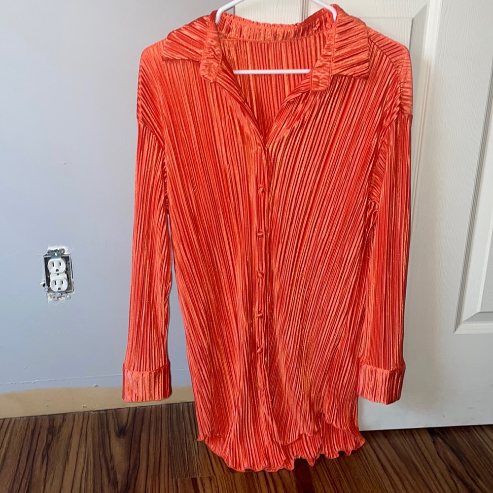 Orange shirt dress with ruffle tunic and belt - Picture 2 of 3